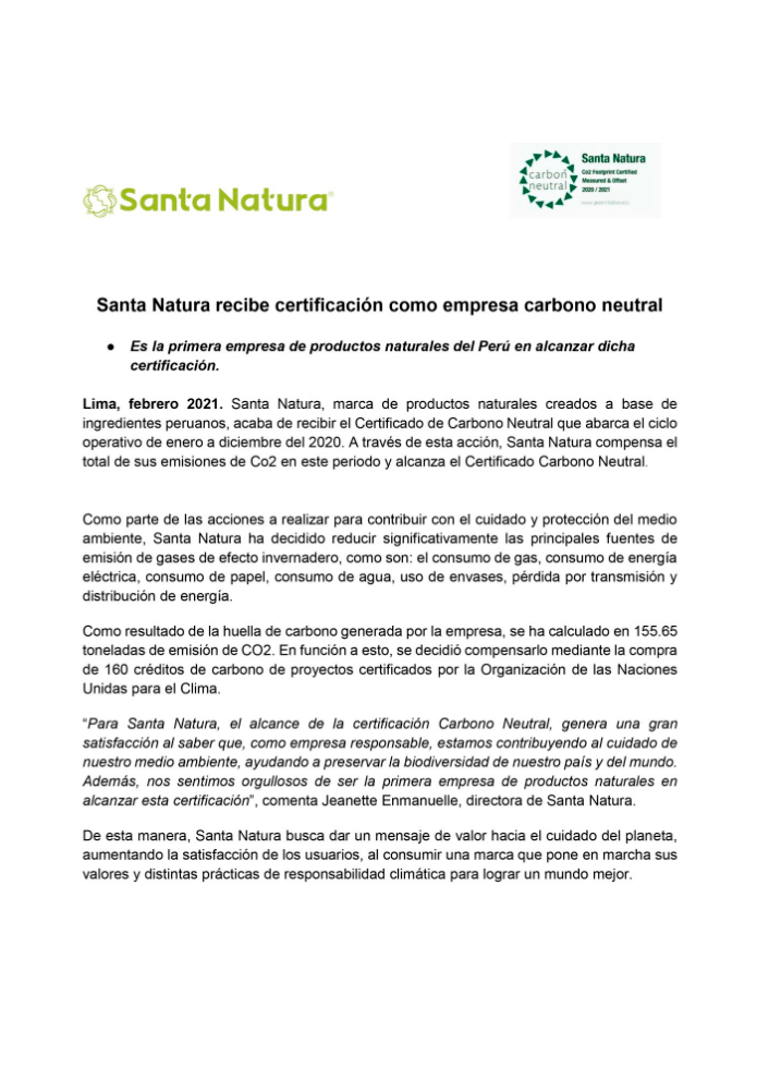 Nota de prensa de Santa Natura tras obtener la certificación de Carbono Neutral de la Organización de las Naciones Unidas para el Clima