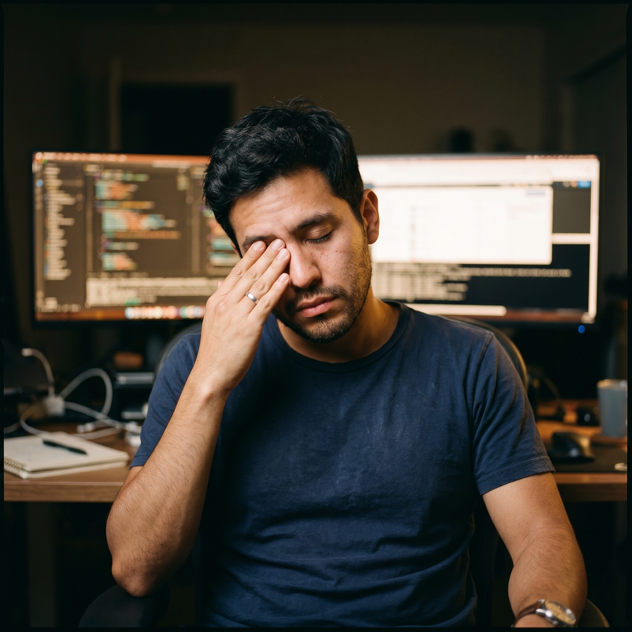 Desarrollador cansado frente a la pantalla