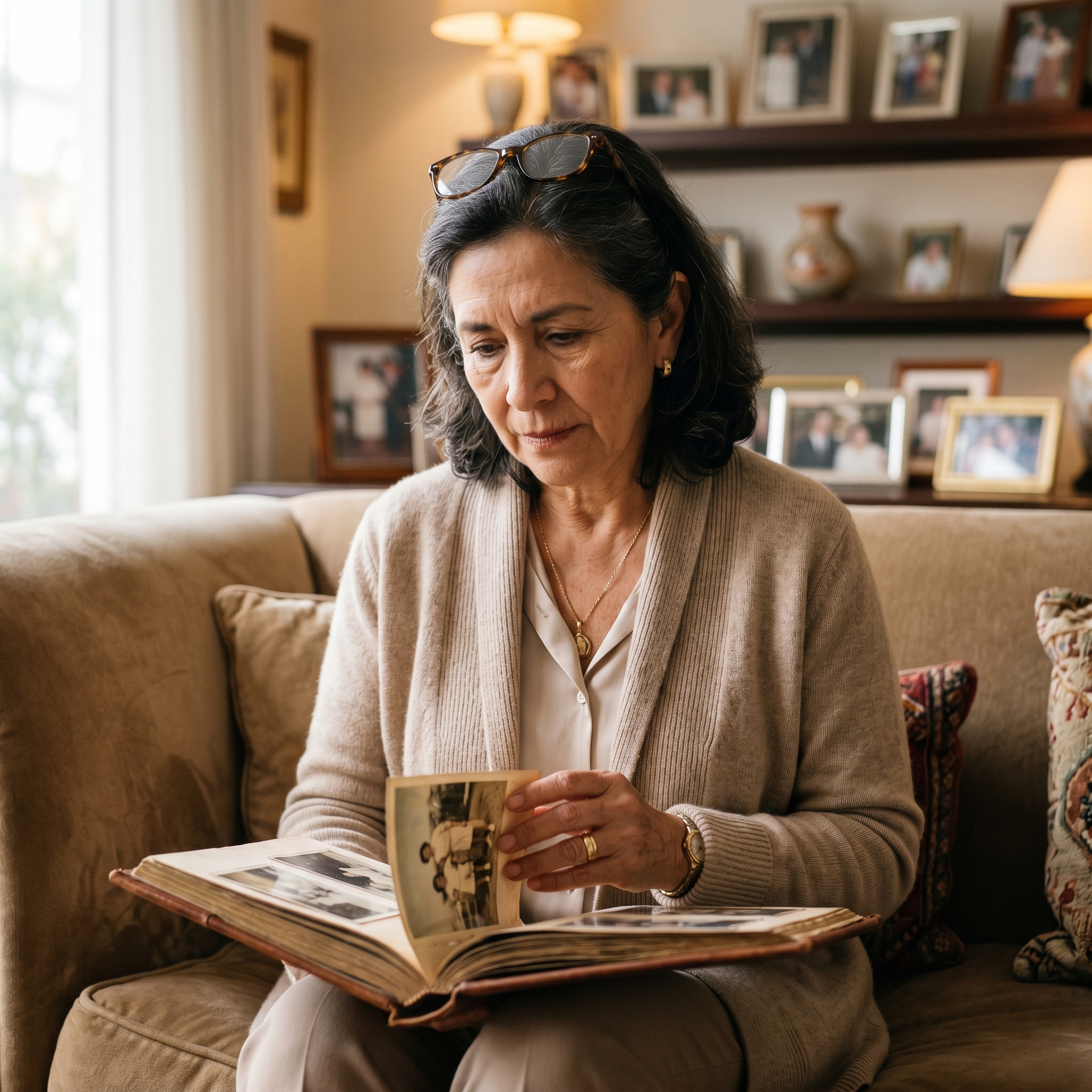 Mujer mayor mirando álbum de fotos